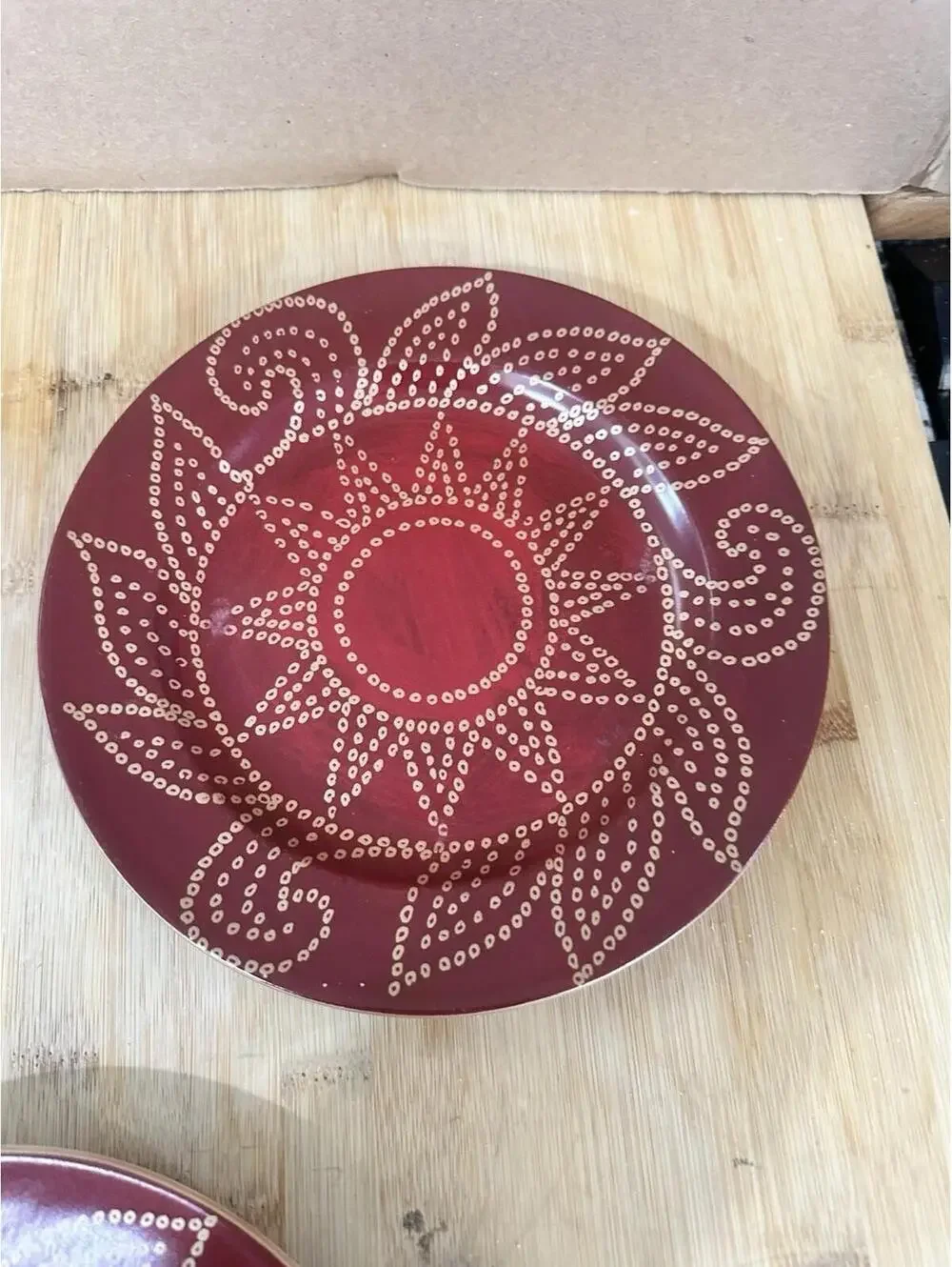 Set of 3 Pier 1 Stoneware Matira Salad Dessert Plates Gold Burgundy 8